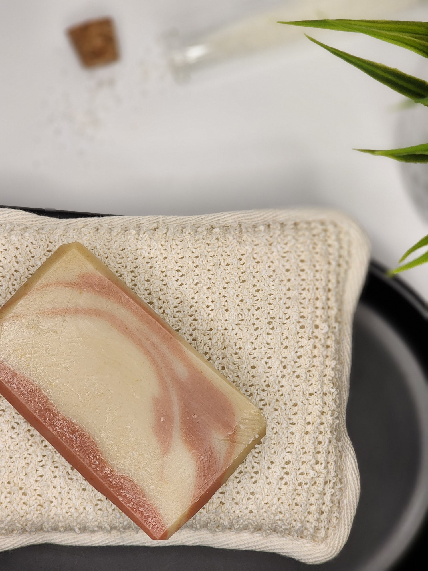Berry Rhubarb Soap by Fairview Fields on an exfoliating sponge